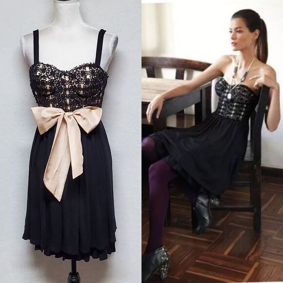 RARE Anthropologie Lil Black Crochet Cream Silk Waist Sash Sweetheart Dress 0